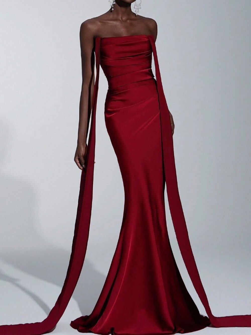 Burgundy Romantic Women's Chiffon Matte Draped Strapless Fitted Dress